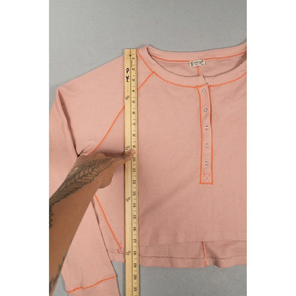 Intimately Free People Thermal Henley Top Pink Orange Contrast Stitch Cropped L